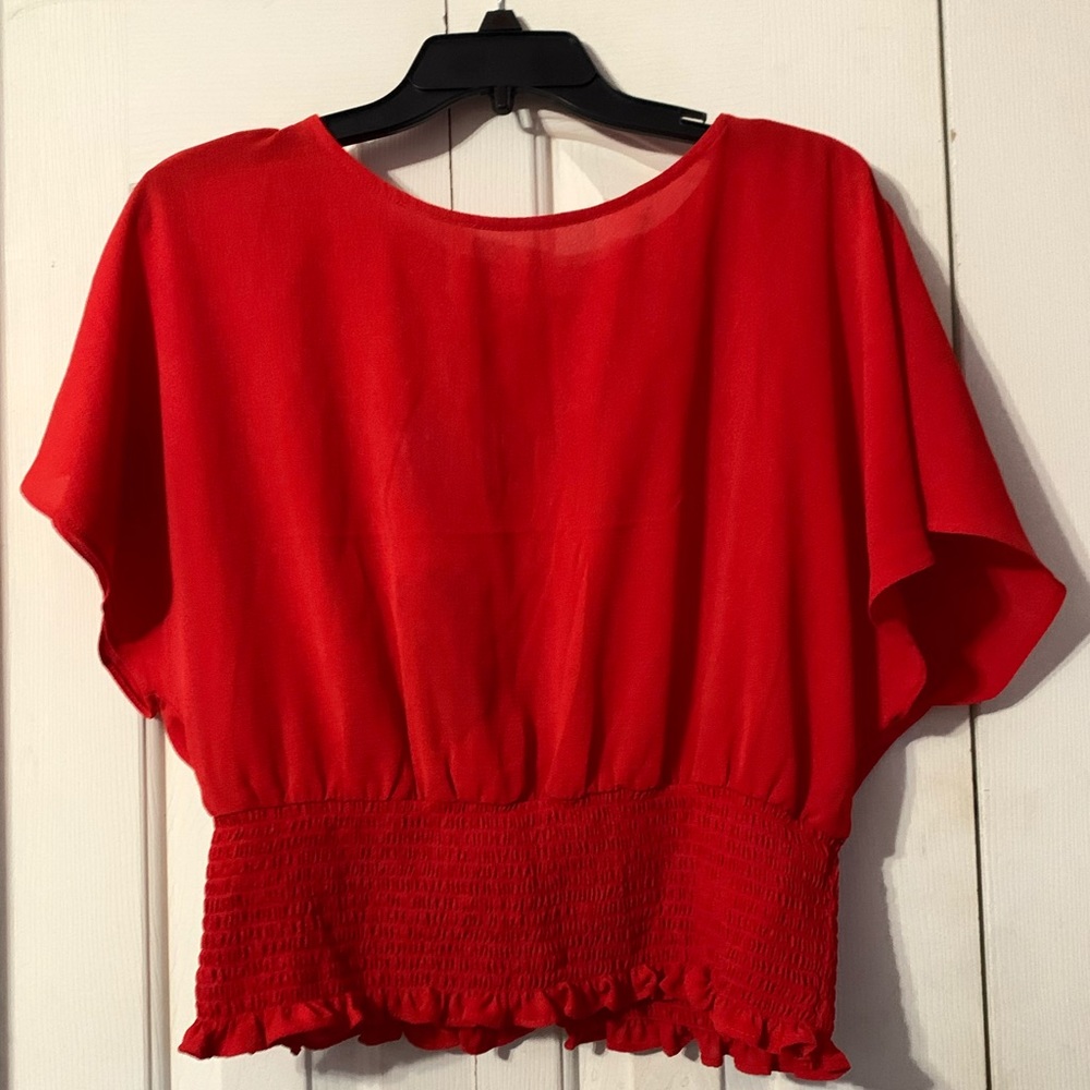 Red ruffle blouse with stretchy bottom